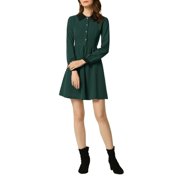 Unique Bargains Women's Peter Pan Collar Contrast Half Placket Swing Short Dress XL Dark Green