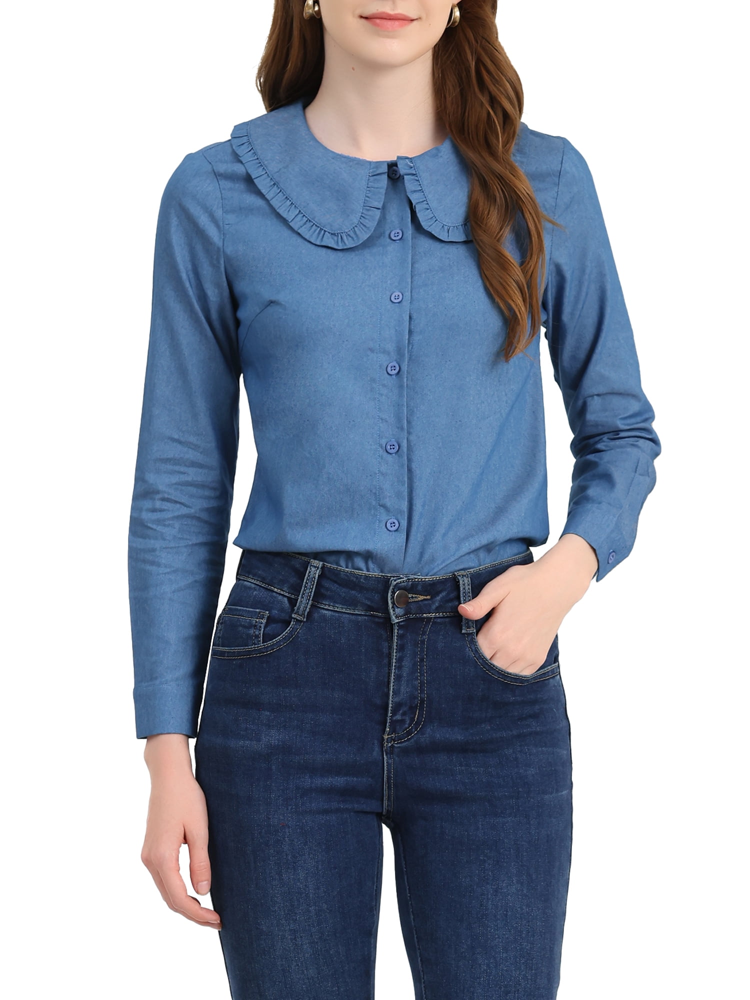 Unique Bargains Women's Peter Pan Collar Jean Ruffled Button Down Denim Shirt