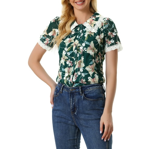 Unique Bargains Women's Peter Pan Collar Lace Embroidered Floral Shirt Blouse M Dark Green