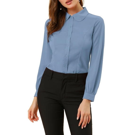 Unique Bargains Women's Peter Pan Collar Long Sleeve Work Office Shirt M Dusty Blue