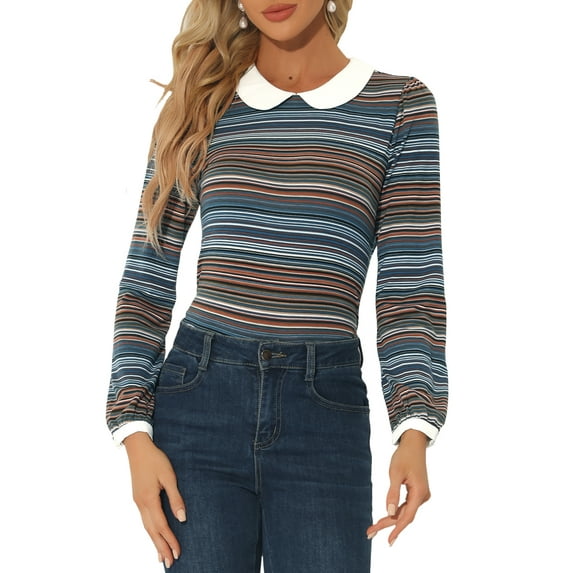 Unique Bargains Women's Peter Pan Collar Puff Sleeve Contrast Plaid Shirt Blouse