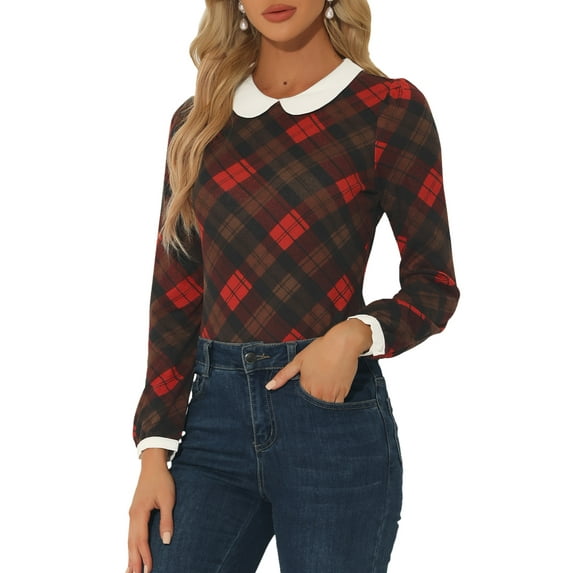 Unique Bargains Women's Peter Pan Collar Puff Sleeve Contrast Plaid Shirt Blouse