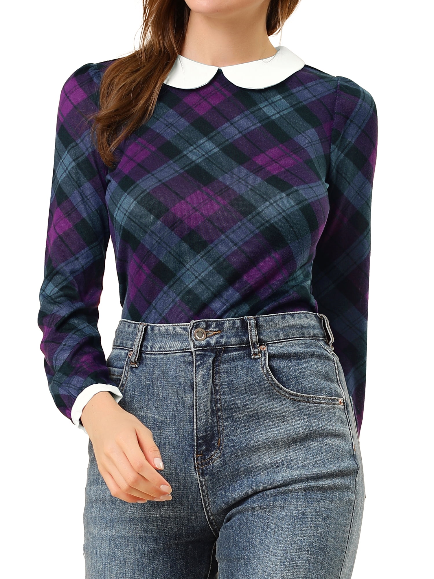 Unique Bargains Women's Peter Pan Collar Puff Sleeve Contrast Plaid Shirt Blouse