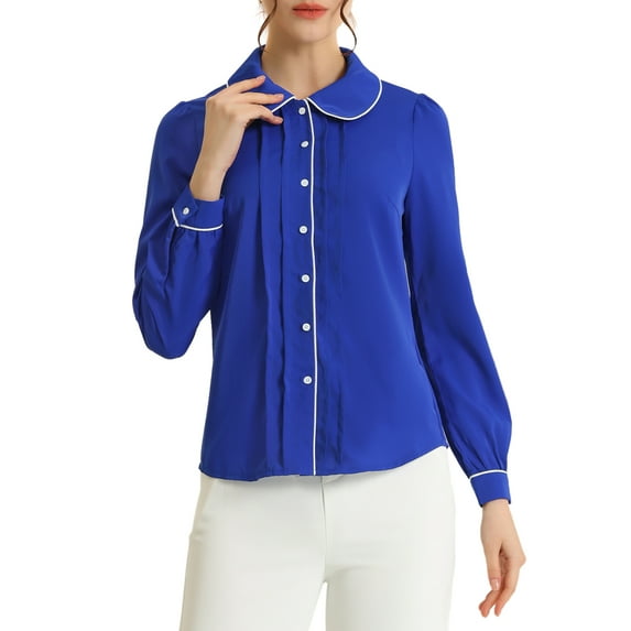 Unique Bargains Women's Peter Pan Collar Shirt Puff Sleeve Work Blouse Tops XL Royal Blue