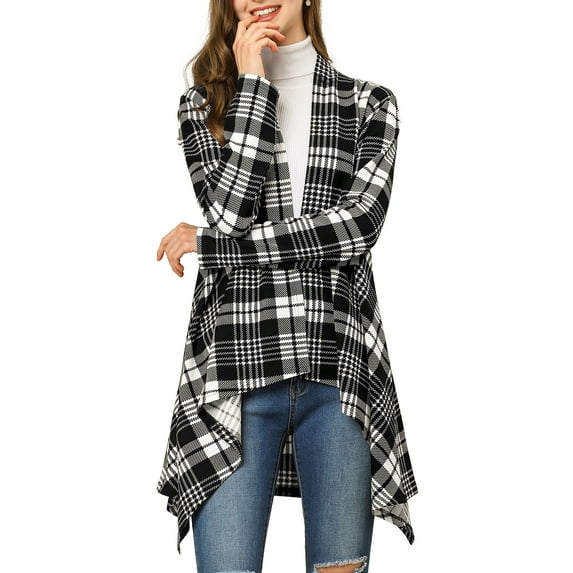 Unique Bargains Women's Plaid Asymmetric Kimono Open Front Loose Cardigan