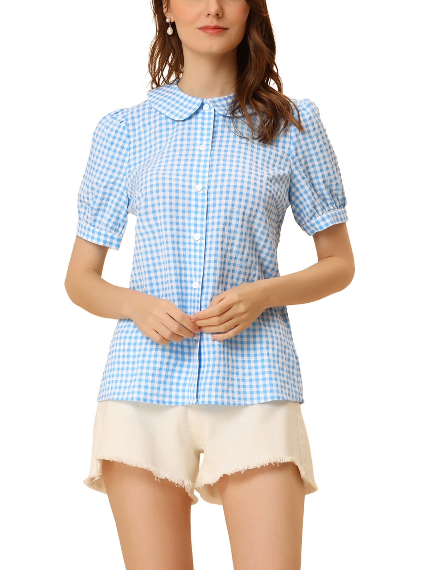 DARING DIVA Women's Plaid Button Down Puff Peter Pan Collar Shirt XL Light Blue