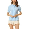 thumbnail image 1 of DARING DIVA Women's Plaid Button Down Puff Peter Pan Collar Shirt XS Light Blue, 1 of 6