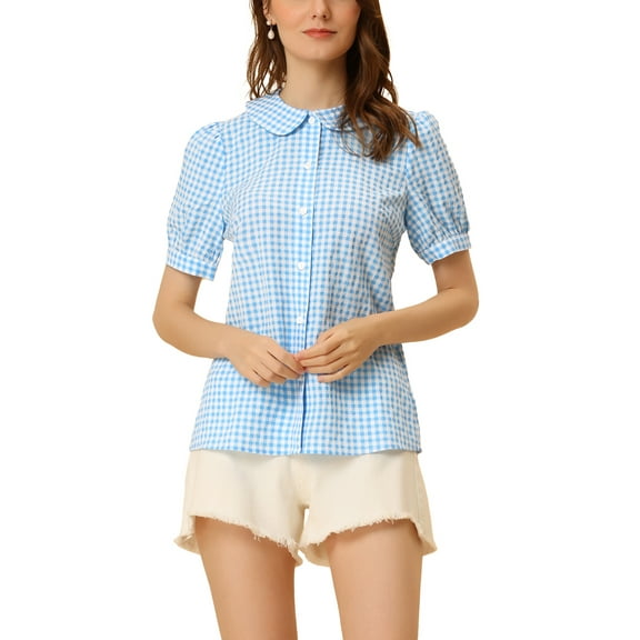 DARING DIVA Women's Plaid Button Down Puff Peter Pan Collar Shirt XS Light Blue