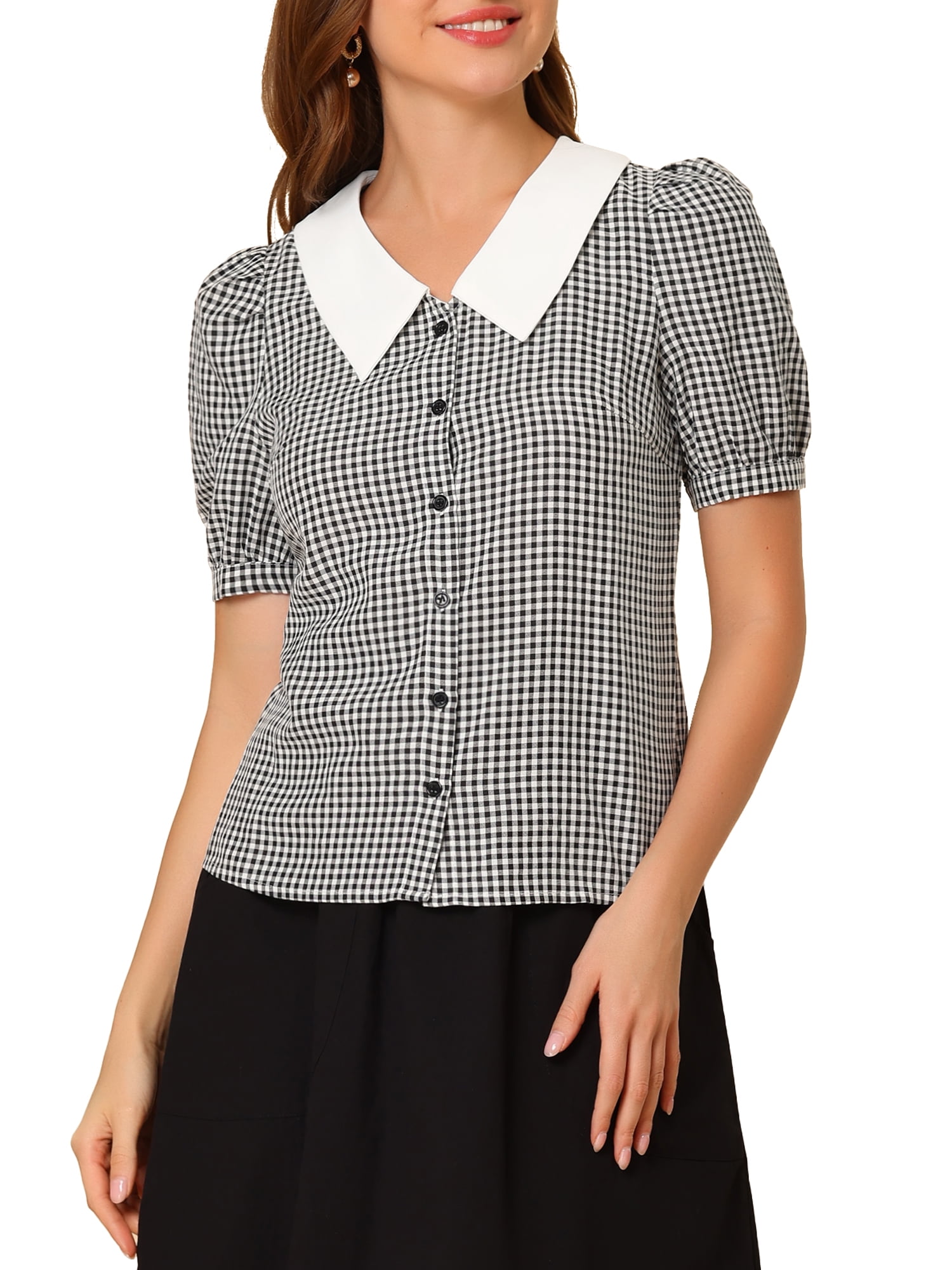 Unique Bargains Women's Plaid Contrast Collar Puff Sleeve Button Down Shirt Tops Black S