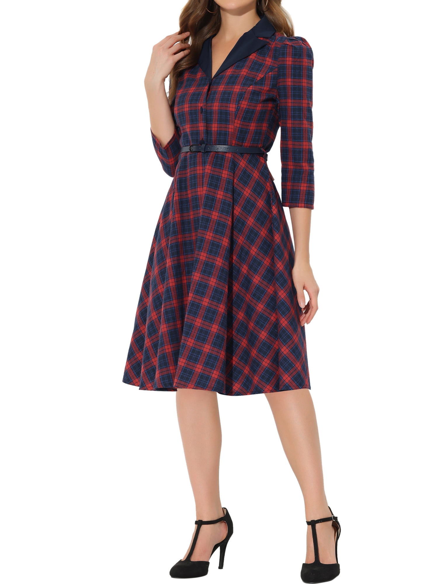 Unique Bargains Women's Plaid Contrast Notch Lapel Belted A-Line