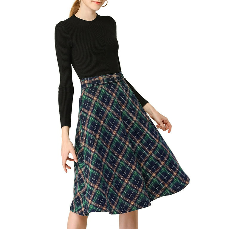 Unique Bargains Women's Plaid High Waist Belted Vintage A-Line Midi Skirt L  Blue Green