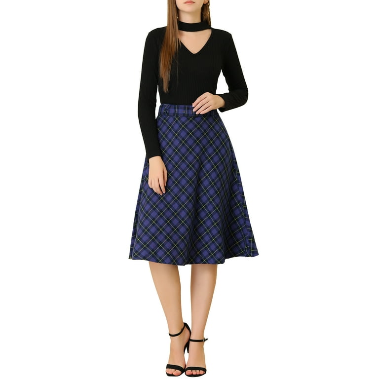 Unique Bargains Women s Plaid High Waist Belted Vintage A Line Midi Skirt L Blue Walmart