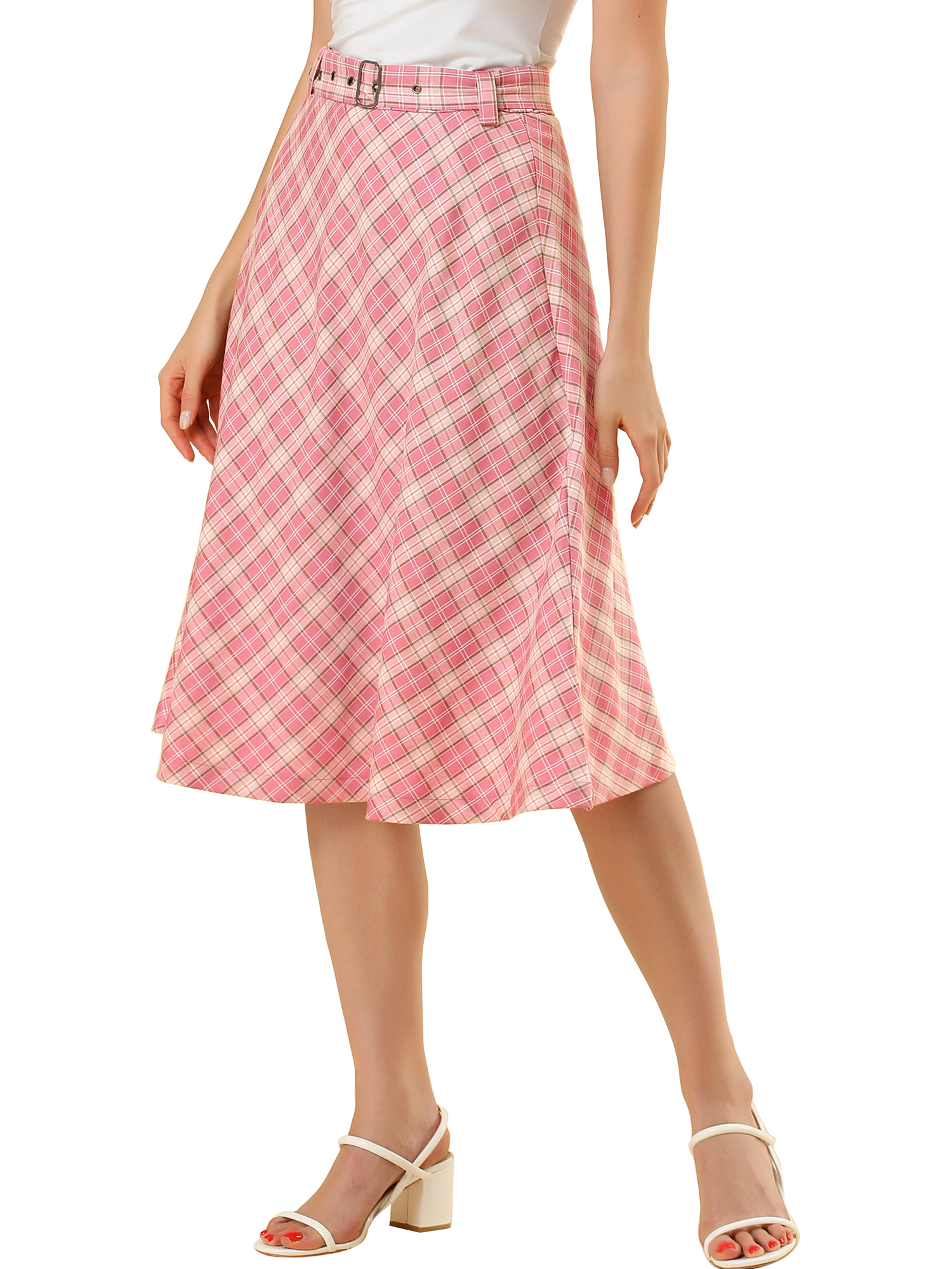 Unique Bargains Women's Plaid High Waist Belted Vintage A-Line Midi Skirt M Pink - image 1 of 8