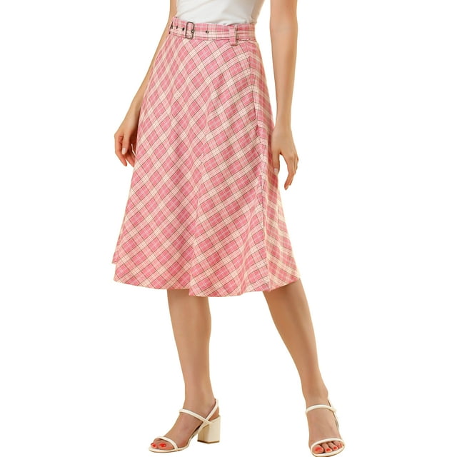 Unique Bargains Women's Plaid High Waist Belted Vintage A-Line Midi Skirt M Pink