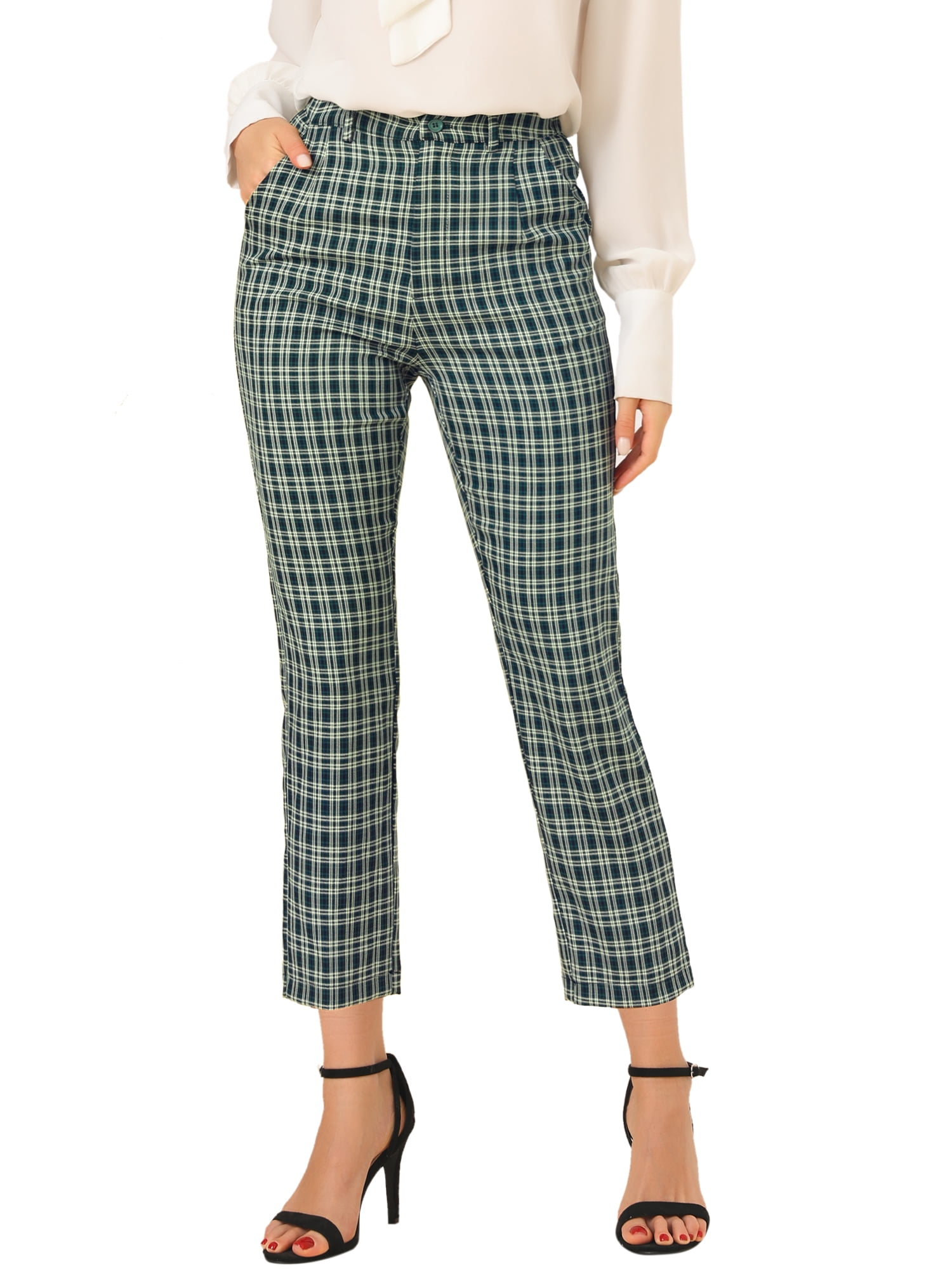 Unique Bargains Women's Plaid High Waisted Elastic Back Straight Leg Ankle Work Pants