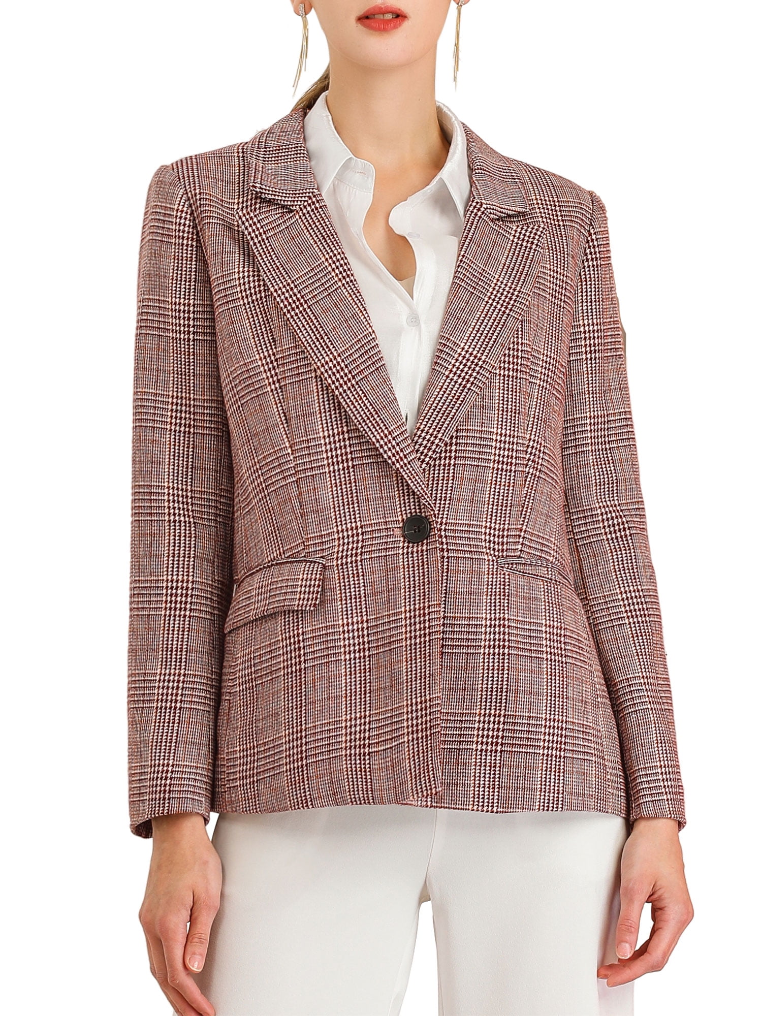 Unique Bargains Women's Plaid Notched Lapel One Button Blazer Jacket