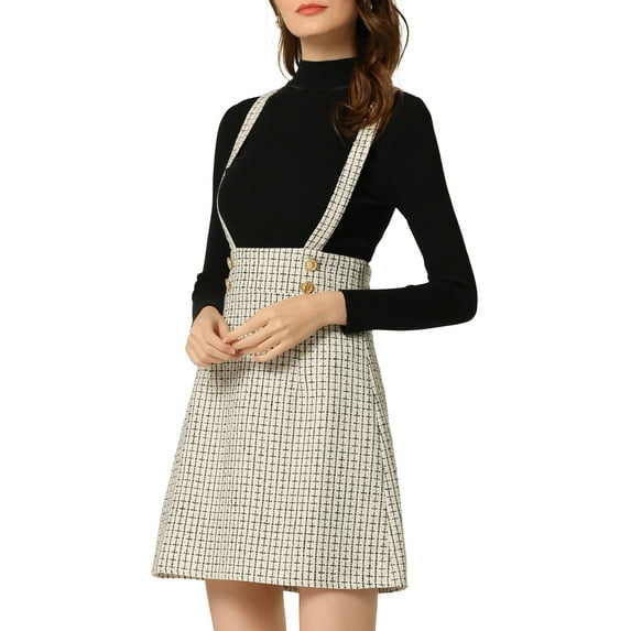 Unique Bargains Women's Plaid Pinafore Overall Dress Mid Waist Tweed Suspender Skirt L Ivory White