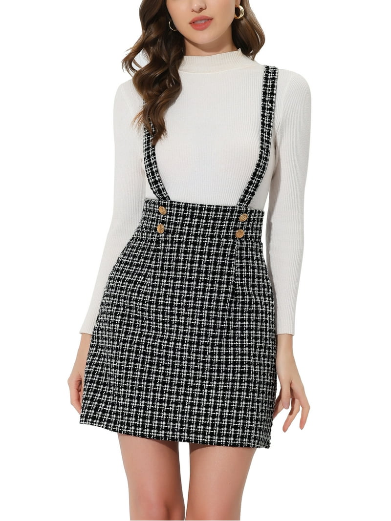 Unique Bargains Women's Plaid Pinafore Overall Dress Mid Waist