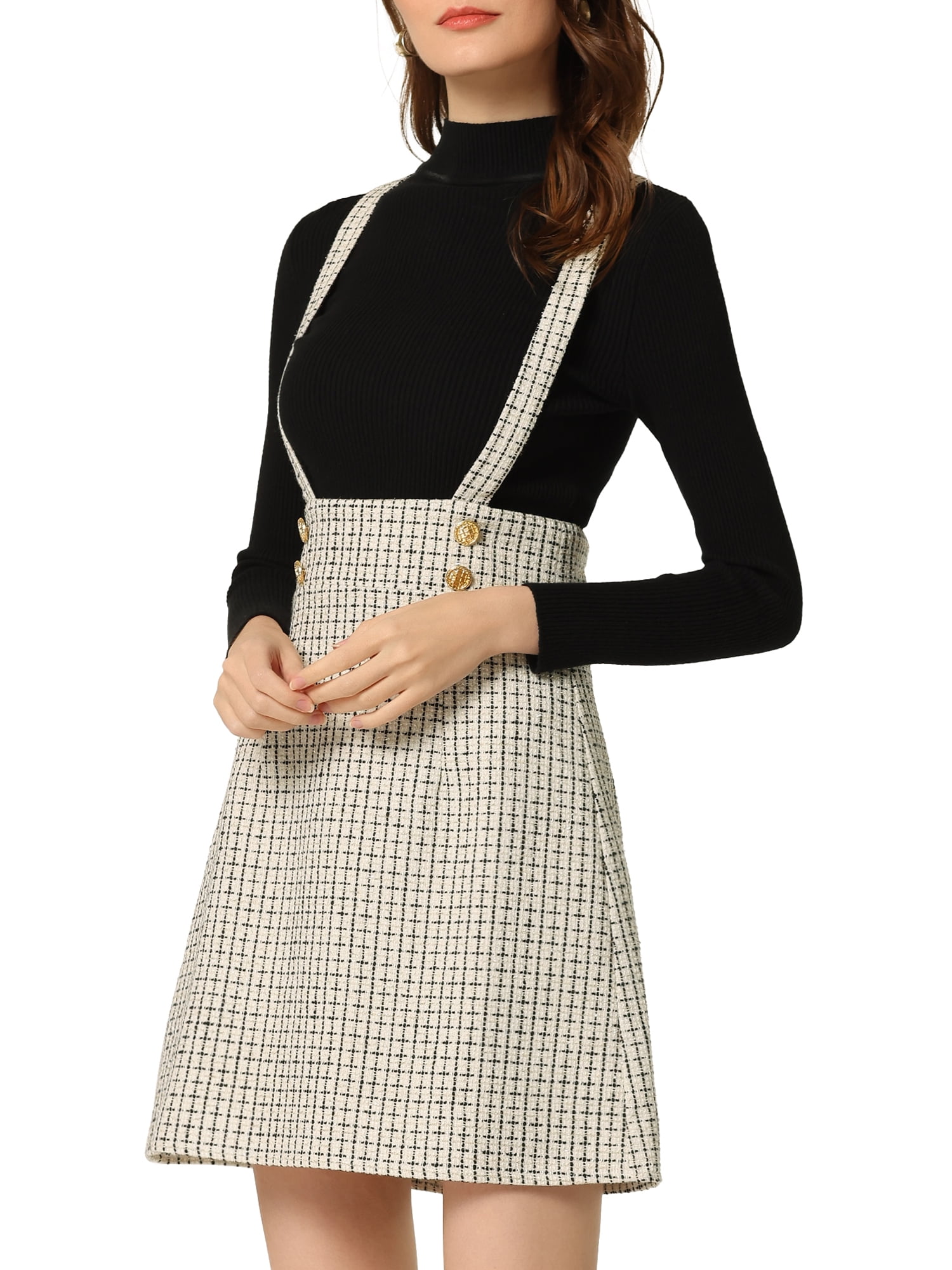 Unique Bargains Women's Plaid Pinafore Overall Dress Mid Waist Tweed  Suspender Skirt XS Ivory White - Walmart.com