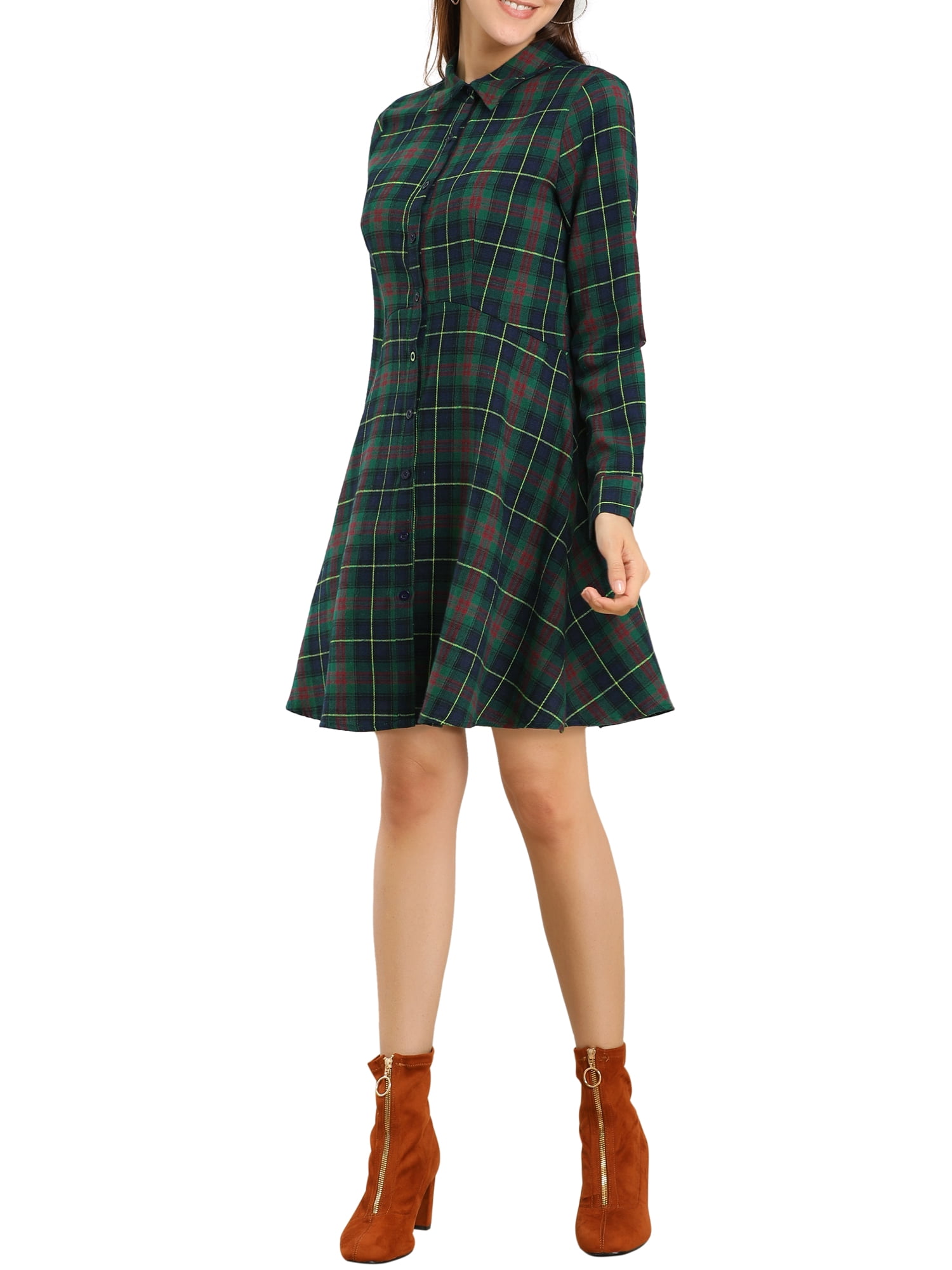 Unique Bargains Women's Plaid Point Collar Full Placket Long Sleeve Fit and Flare Dress