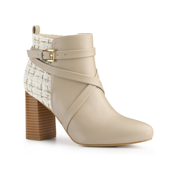 Unique Bargains Women's Plaid Pointed Toe Crisscross Strap Block Heel Ankle Boots Beige 6.5