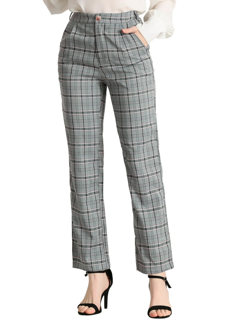 Unique Bargains Women's Plaid Trousers Pockets Straight Leg Pant M