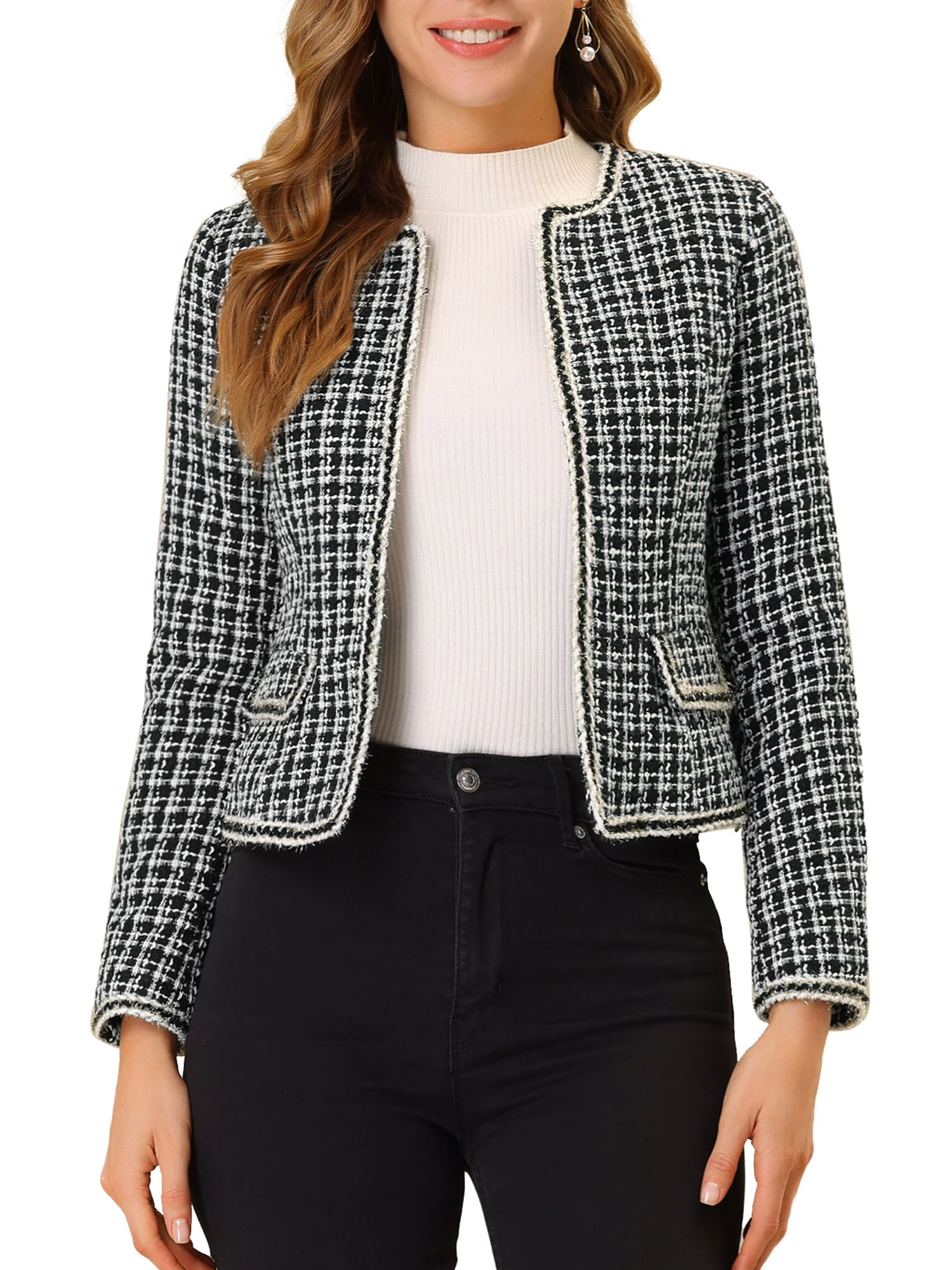 Unique Bargains Women's Plaid Tweed Blazer Long Sleeve Open Front Work  Jacket L Black