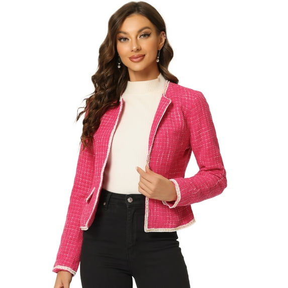 DARING DIVA Plaid Tweed Long Sleeve Open Front Blazer M Hot Pink