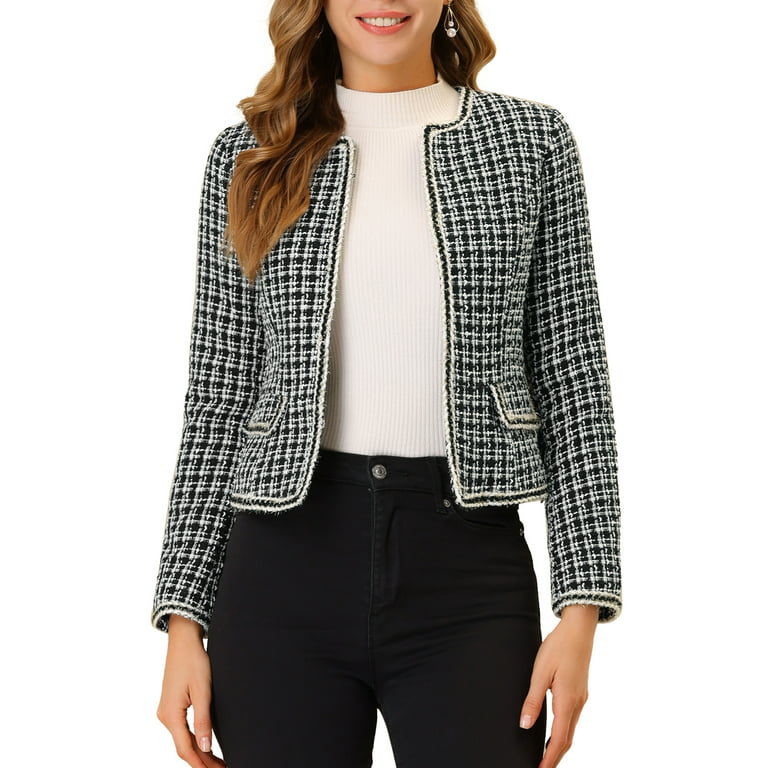 Unique Bargains Women's Plaid Tweed Blazer Long Sleeve Open Front Work  Jacket