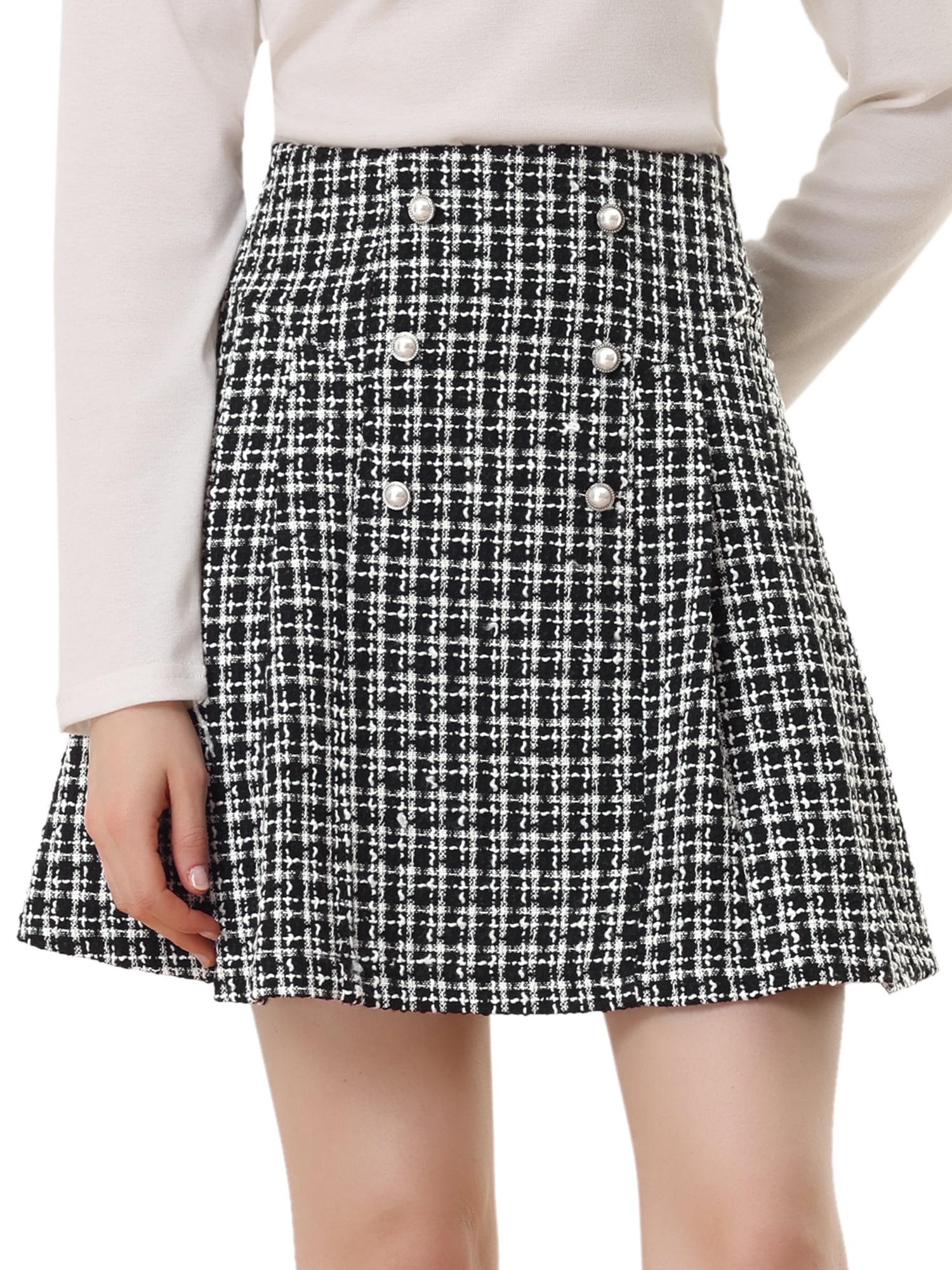 DARING DIVA Women's Elegant High Waist Button Decor A-Line Skirts L Black White