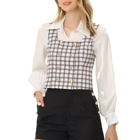 Unique Bargains Women's Plaid Vest Steampunk Double Breasted Dress Suit Waistcoat S White