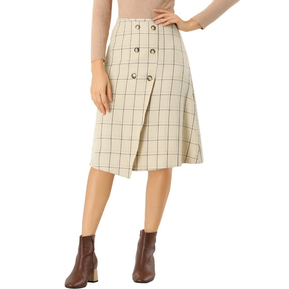 Unique Bargains Women's Plaid Vintage Wrap Button Front High Waist Skirt M Beige