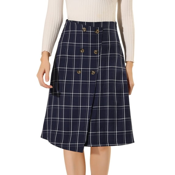 Unique Bargains Women's Plaid Vintage Wrap Button Front High Waist Skirt S Blue