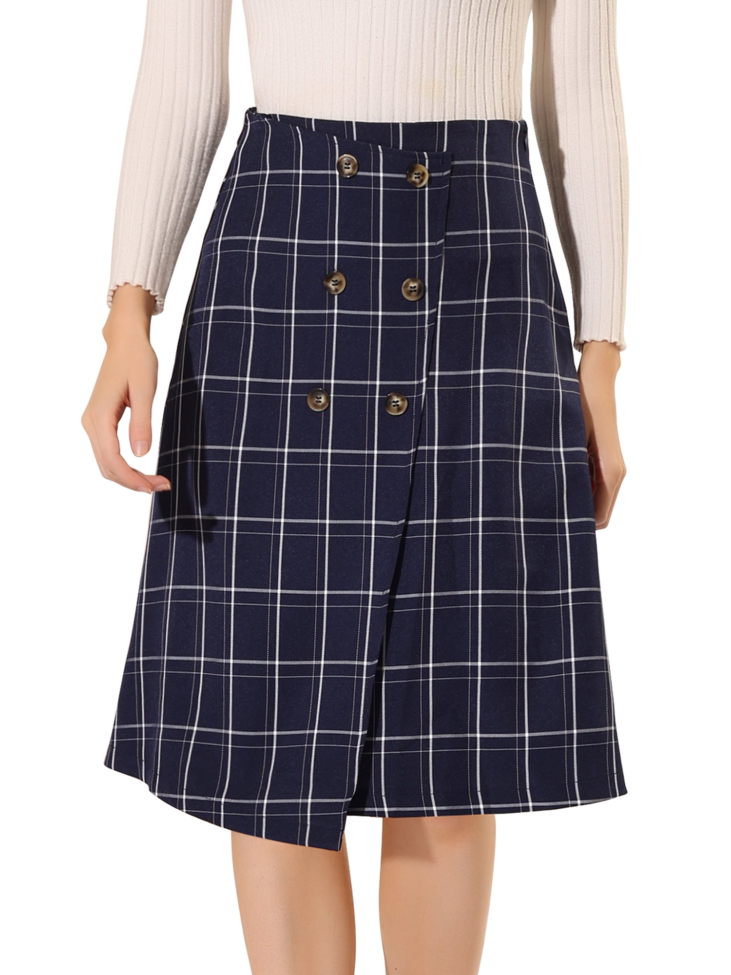 Unique Bargains Women's Plaid Vintage Wrap Button Front Knee Length High Waist Skirt XL Blue