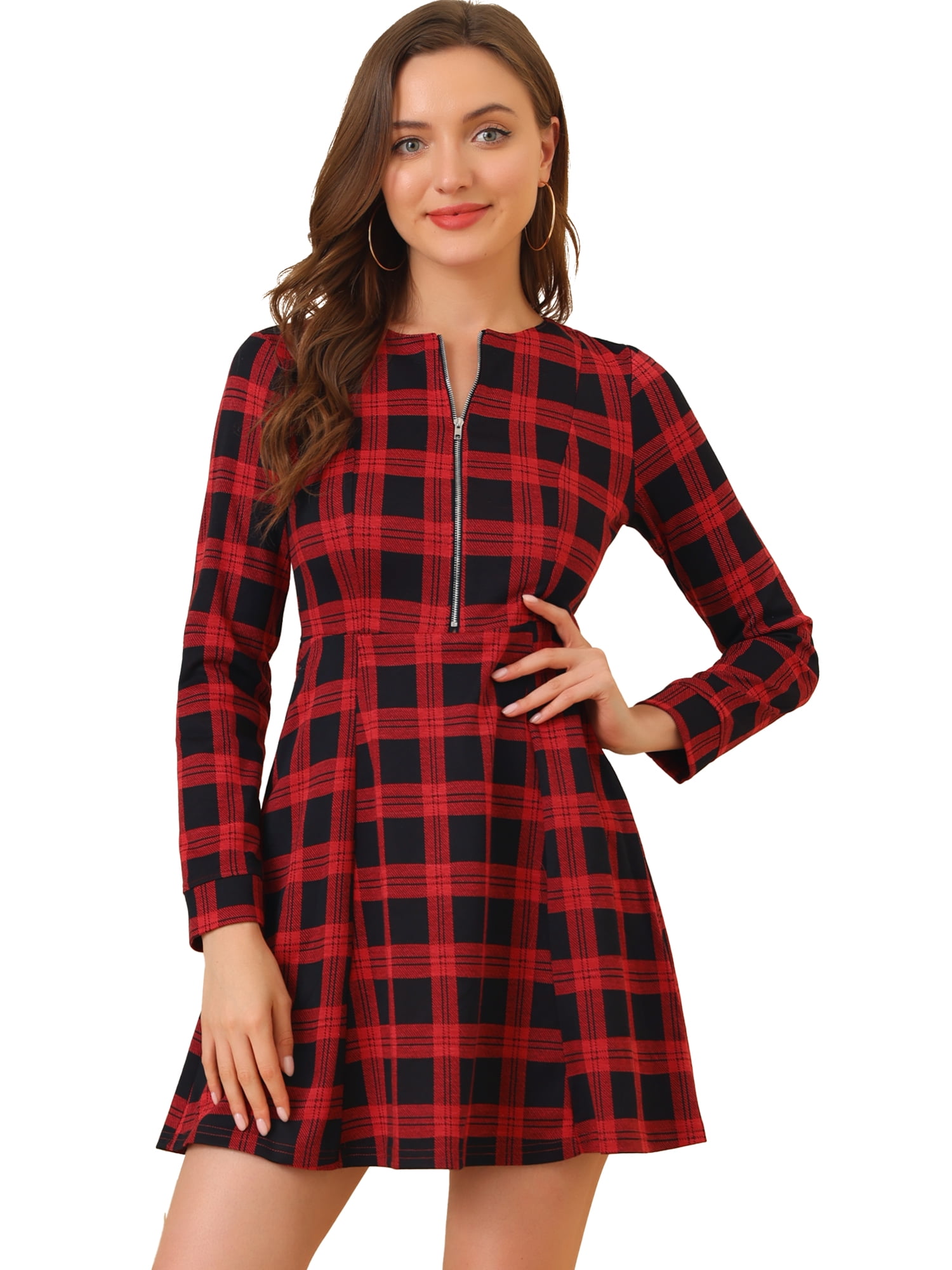 Unique Bargains Women's Plaid Vintage Zip up Long Sleeve Fit and Flare Mini Dress M Red