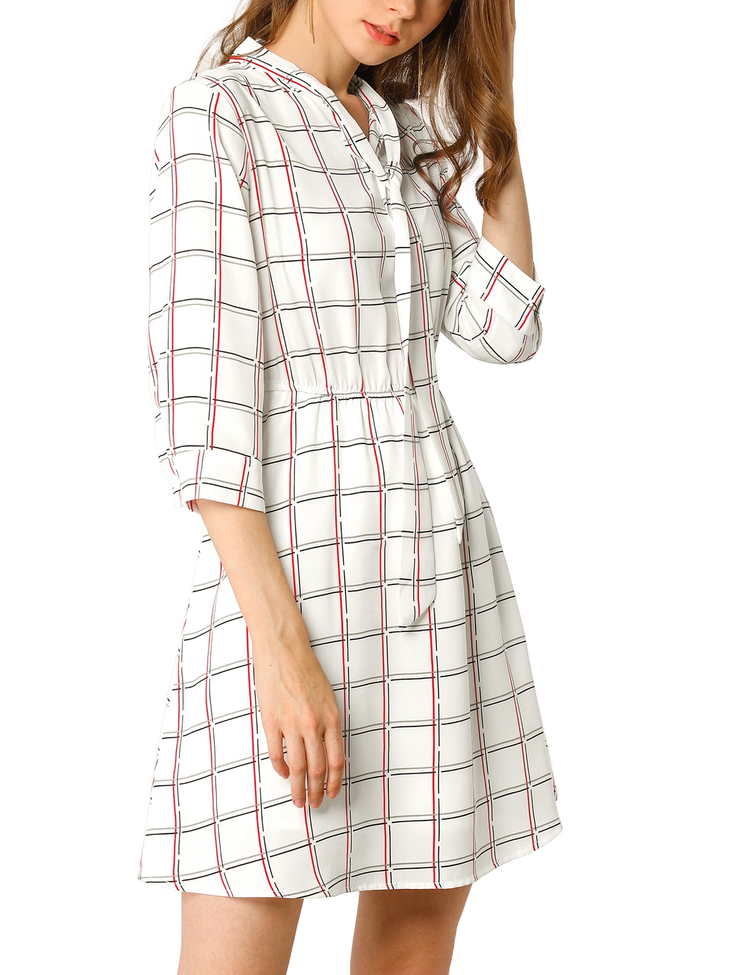 Unique Bargains Women's Plaids Print Tie-bow Neck 3/4 Sleeve Work Office Dress