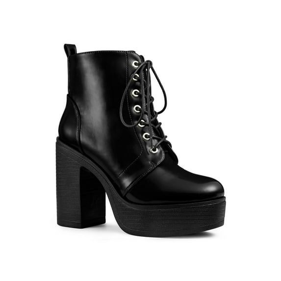 Unique Bargains Women's Platform Chunky High Heel Lace up Combat Boots Black 8.5