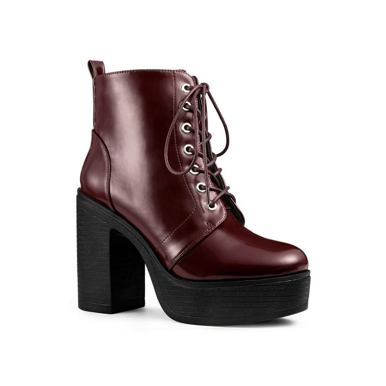 Unique Bargains Women s Platform Chunky High Heel Lace up Combat Boots Burgundy 9