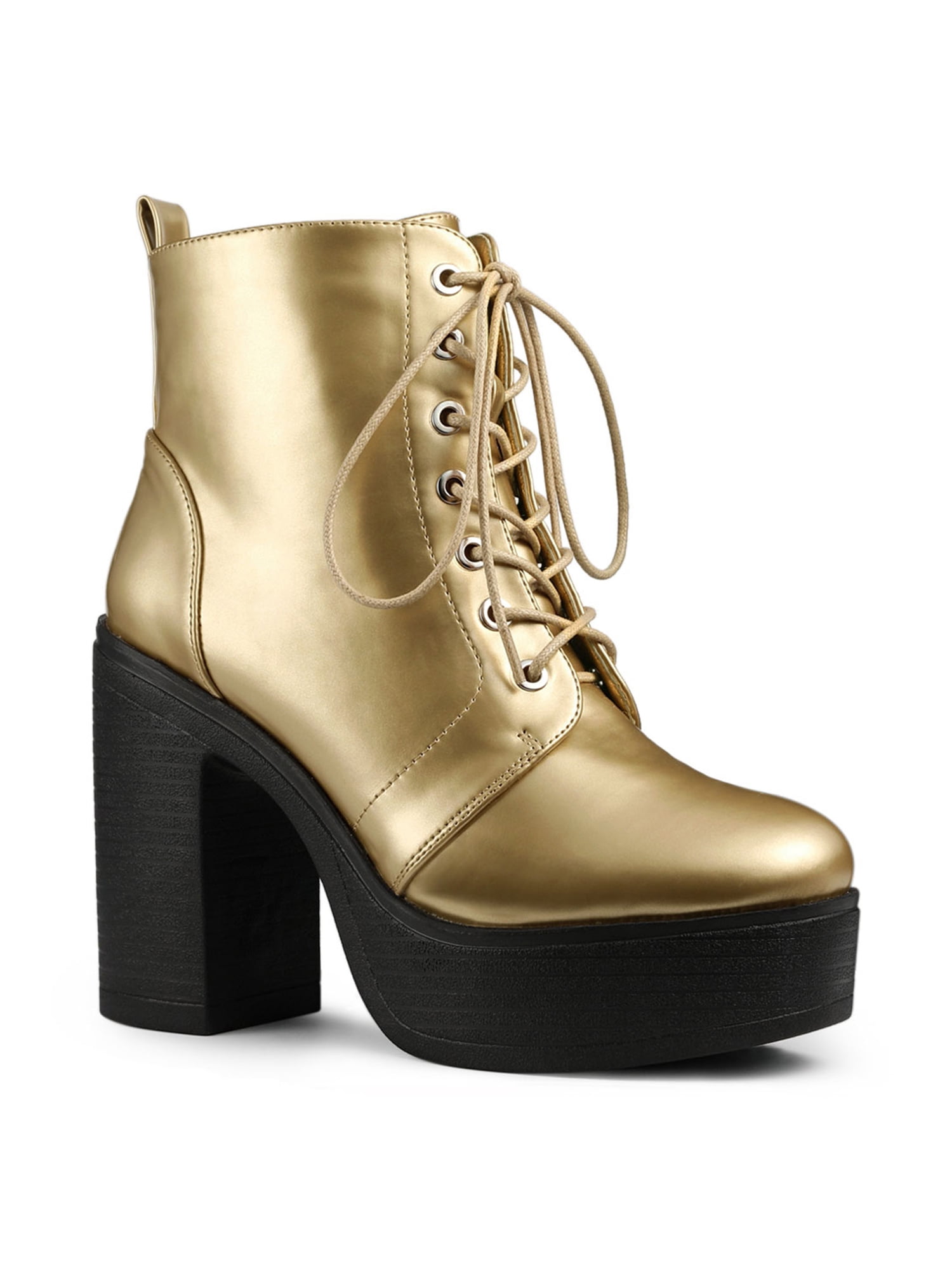 Unique Bargains Women's Platform Chunky High Heel Lace up Combat Boots Gold 7.5