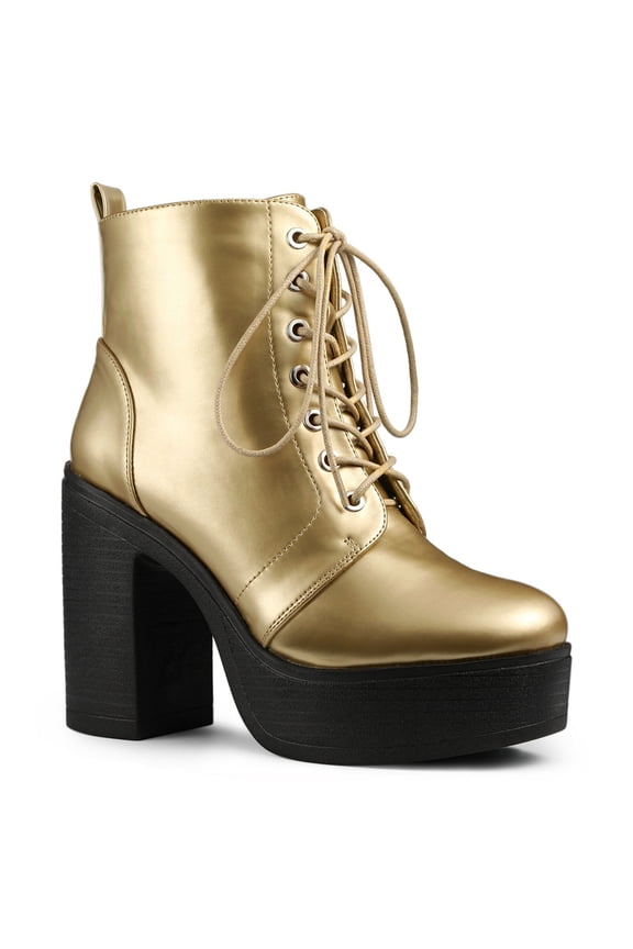 Women's Platform Chunky High Heel Lace up Combat Boots Gold 7.5