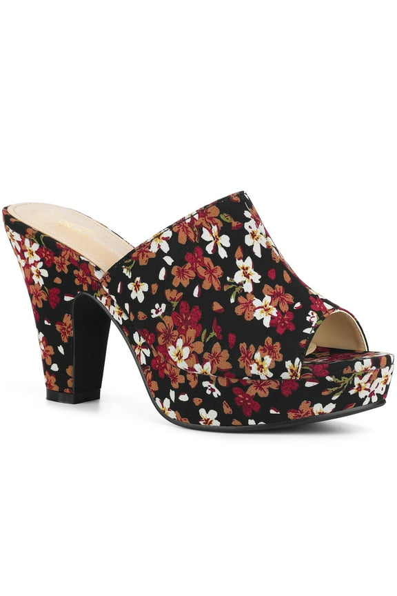 Women's Platform Floral Chunky Heel Slides Sandals