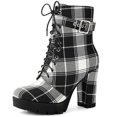 thumbnail image 1 of Unique Bargains Women's Platform Lace Up Chunky Heel Plaid Printing Ankle Boot Black 6, 1 of 5
