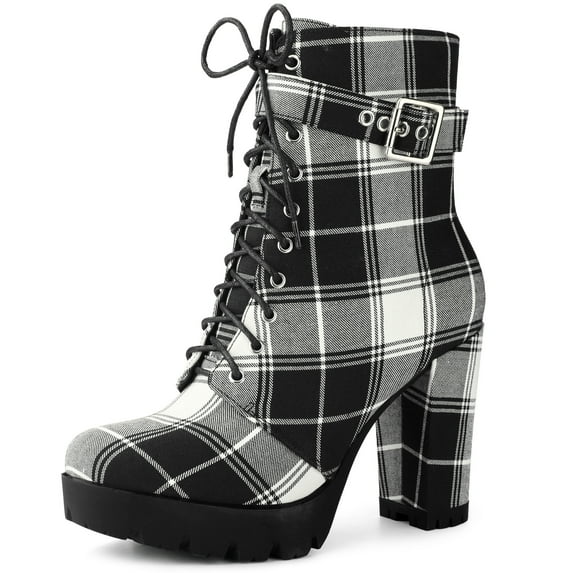 Unique Bargains Women's Platform Lace Up Chunky Heel Plaid Printing Ankle Boot Black 6