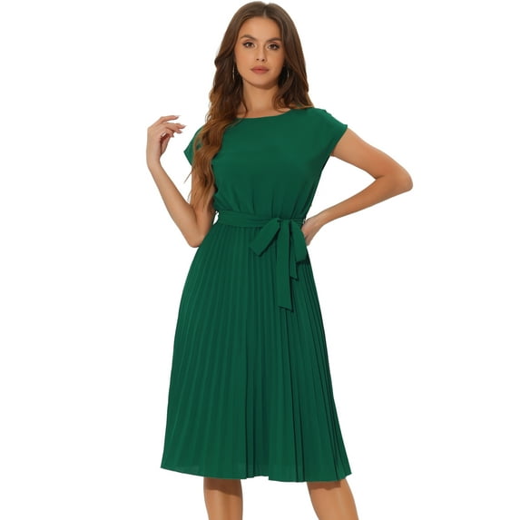 Unique Bargains Women's Pleated Dress Crew Neck Sleeveless Tie Waist A-Line Dresses XL Green