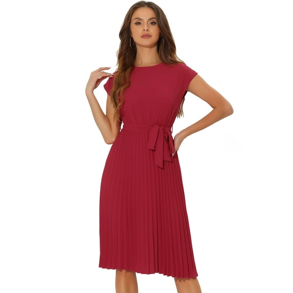 Unique Bargains Women's Pleated Dress Crew Neck Sleeveless Tie Waist A-Line Dresses XL Red