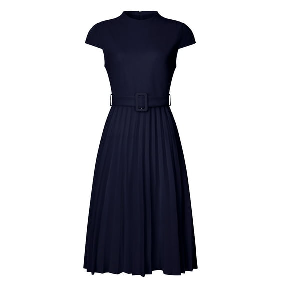 DARING DIVA Mock Neck Cap Sleeve Belted A-Line Dress S Dark Blue