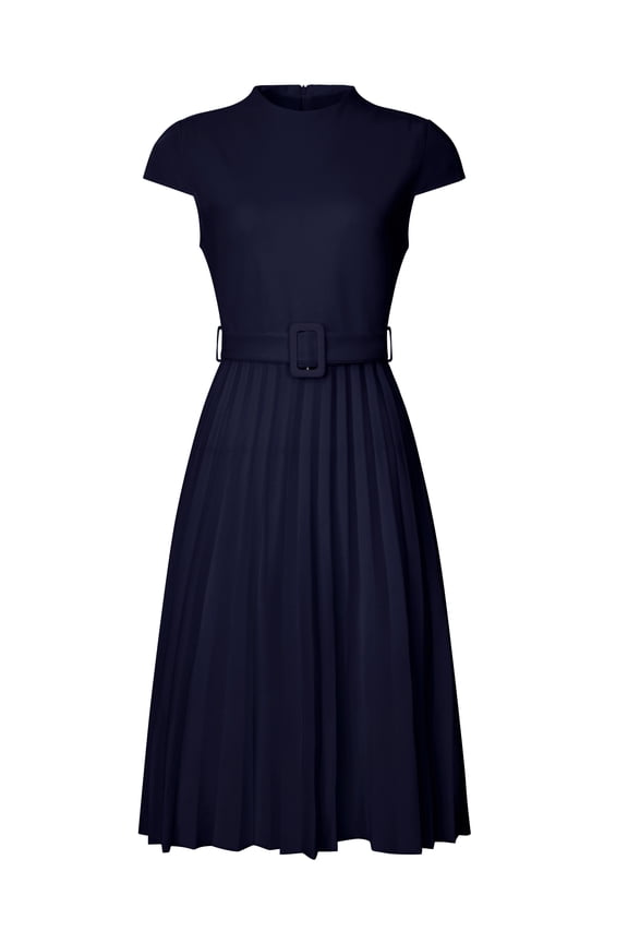 Women's Mock Neck Cap Sleeve Belted A-Line Dress S Dark Blue