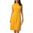 thumbnail image 1 of Unique Bargains Women's Pleated Mock Neck Cap Sleeve Belted A-Line Dresses, 1 of 6