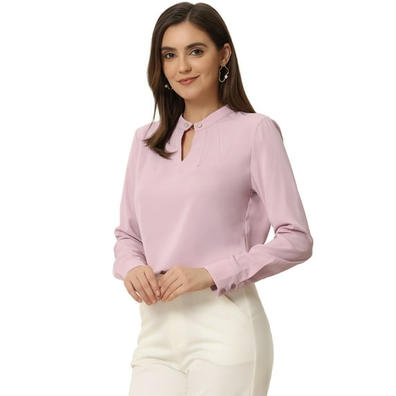 Women's Pleated Mock Neck Pearl Decor Elegant Work Blouse Top L Pink