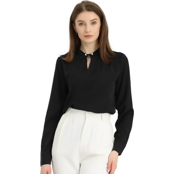Women's Pleated Mock Neck Pearl Decor Elegant Work Blouse Top XS Black